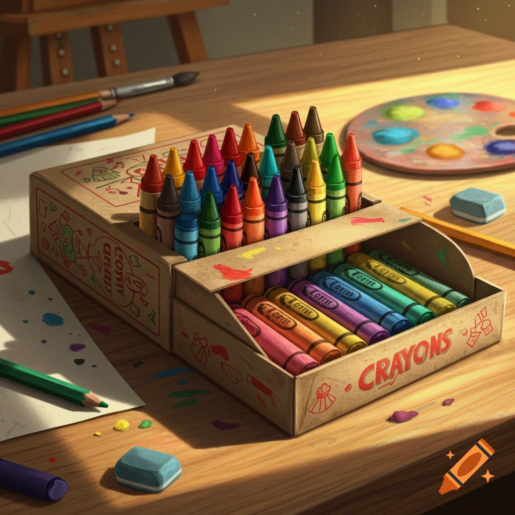 A colorful box of crayons sits open on a wooden desk, surrounded by other art supplies like pencils, a paint palette, and paper with paint splatters.