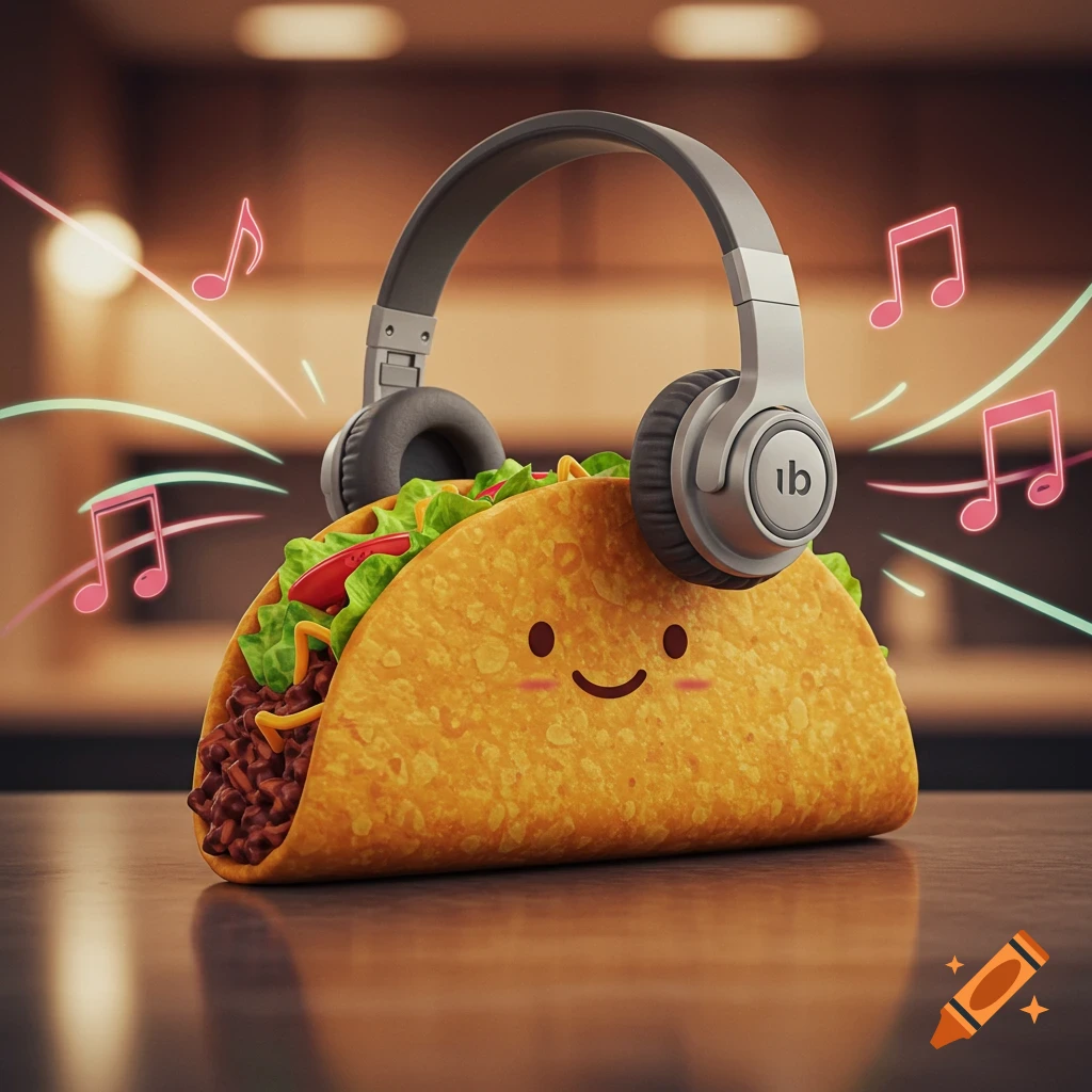 A cute, cartoonish taco with a smiley face wears silver headphones, with pink music notes floating around, on a glossy wooden surface.