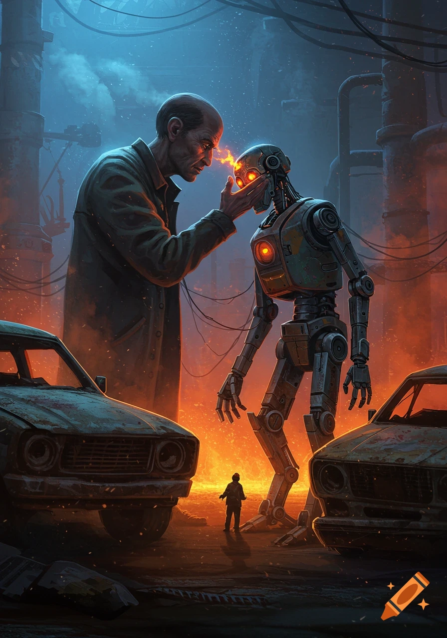 A man touches a glowing-eyed robot in a dark, industrial, dystopian landscape with rusty cars.