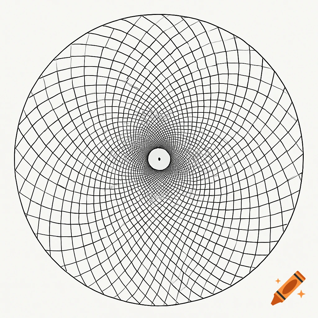 Black and white abstract geometric line drawing of a spiral grid pattern emanating from a central dot.