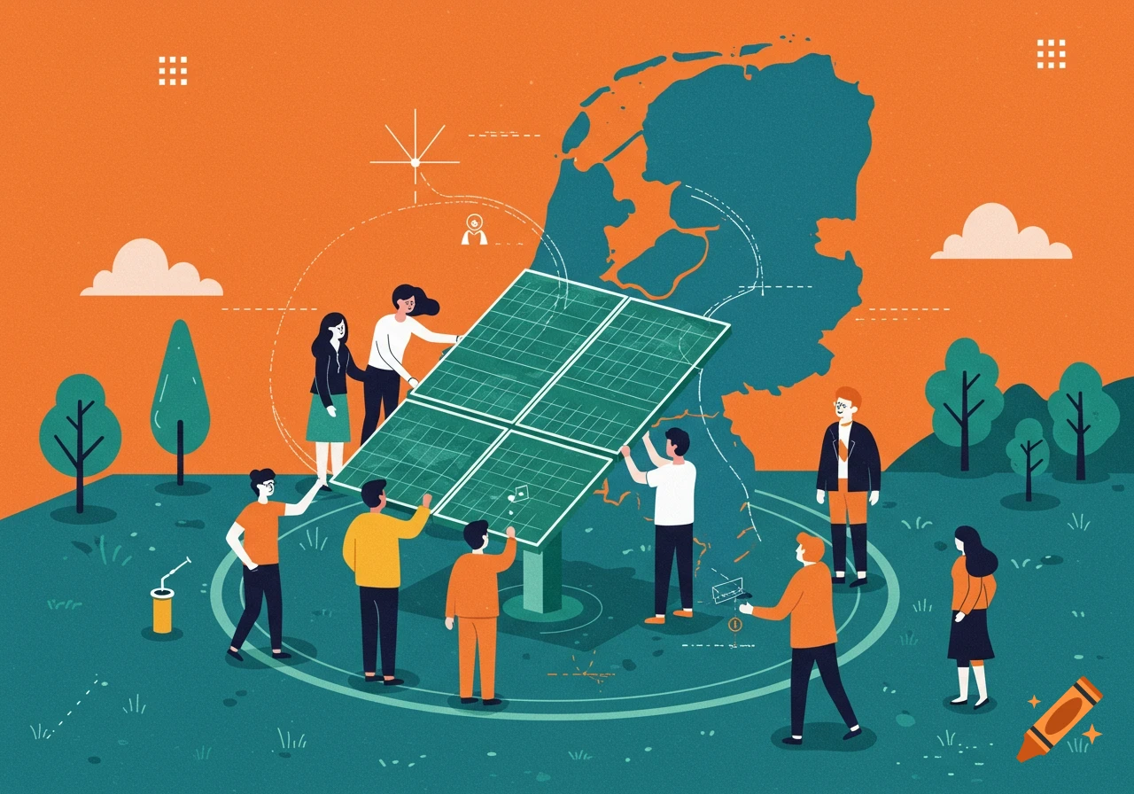 An illustration of people installing a large solar panel in a green landscape, with a map of the Netherlands in the background, in a flat graphic style.