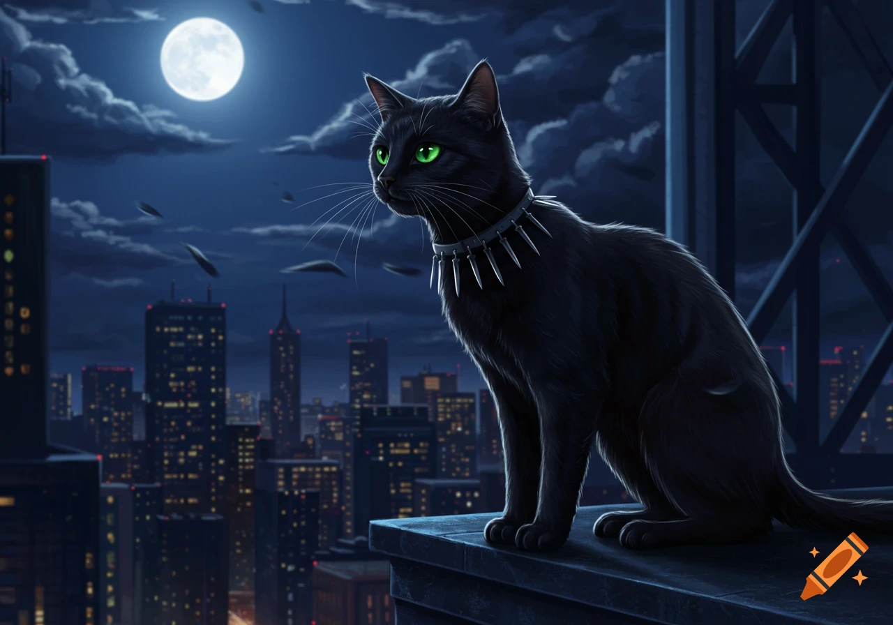 A black cat with bright green eyes and a spiked collar sits on a dark rooftop, overlooking a lit city skyline at night under a full moon.