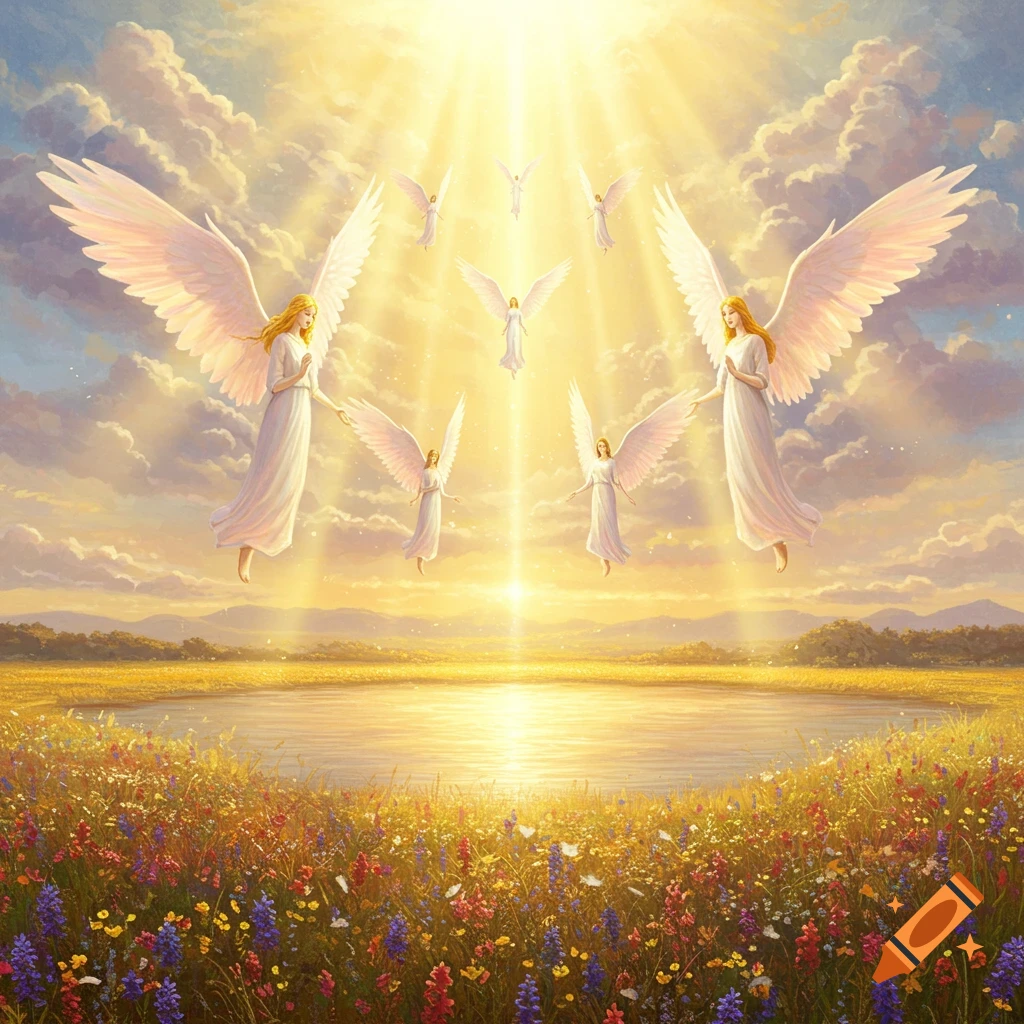 Multiple angels with large white wings float in a bright, ethereal sky over a reflective lake and field of colorful wildflowers.