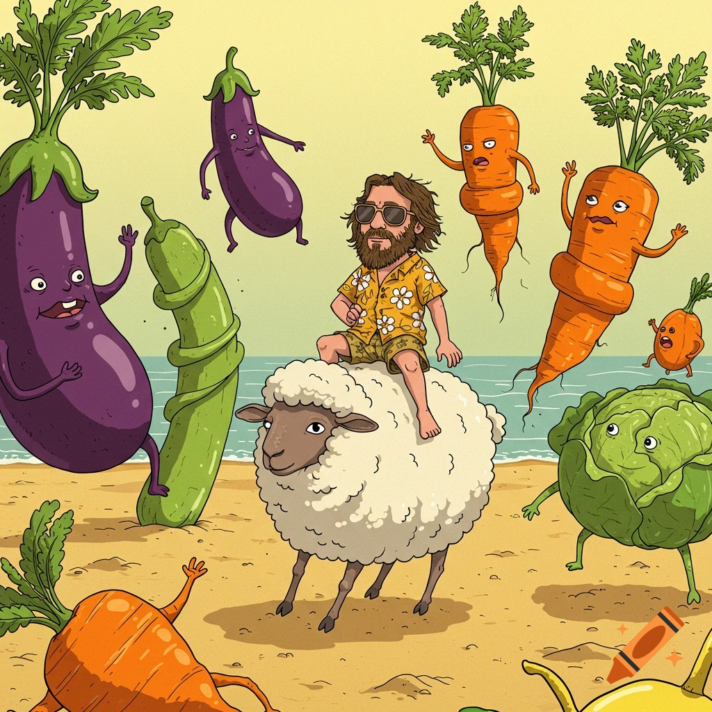 Cartoon man like The Big Lebowski riding a sheep on a beach, surrounded by whimsical, anthropomorphic vegetables.