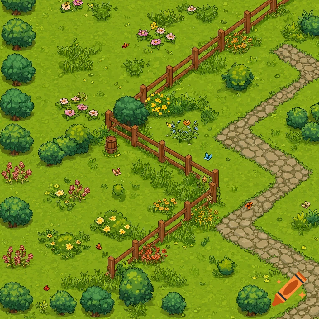 Top-down pixel art outdoor scene with green grass, a wooden fence, stone path, trees, bushes, and colorful flowers.