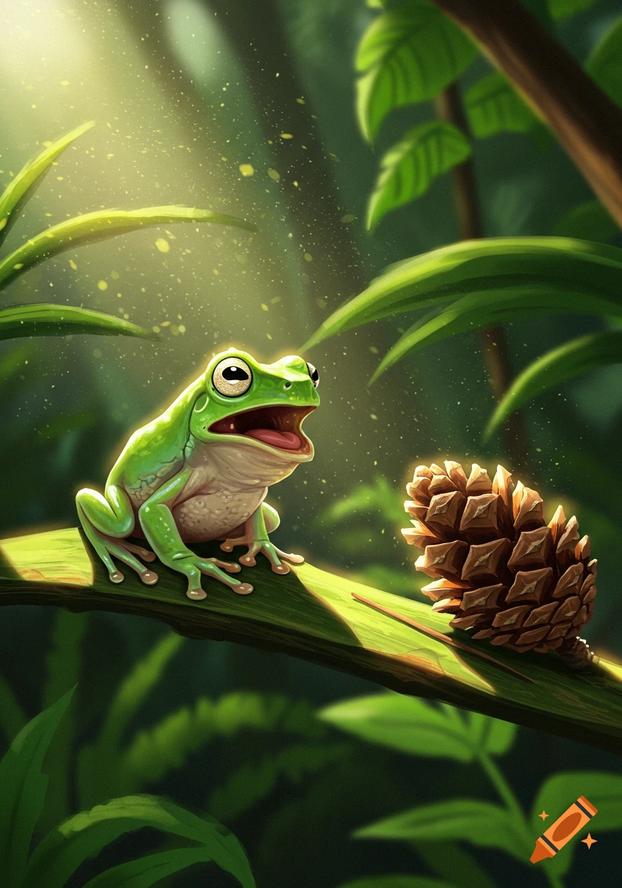 A wide-eyed green tree frog with its mouth open looks at a pine cone on a branch in a sunlit, stylized forest.