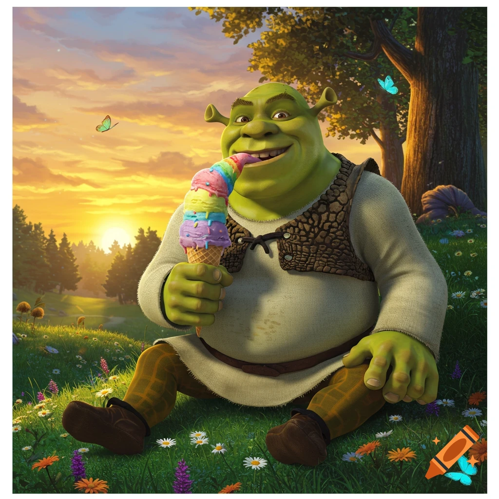 Shrek sits in a sunny, flower-filled field, happily licking a tall, colorful ice cream cone as butterflies flutter around him.