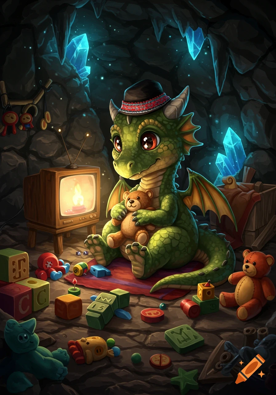 A cute baby green dragon wearing a hat, holding a teddy bear, and sitting on a rug in a cave, watching TV surrounded by scattered toys like blocks and other teddy bears.