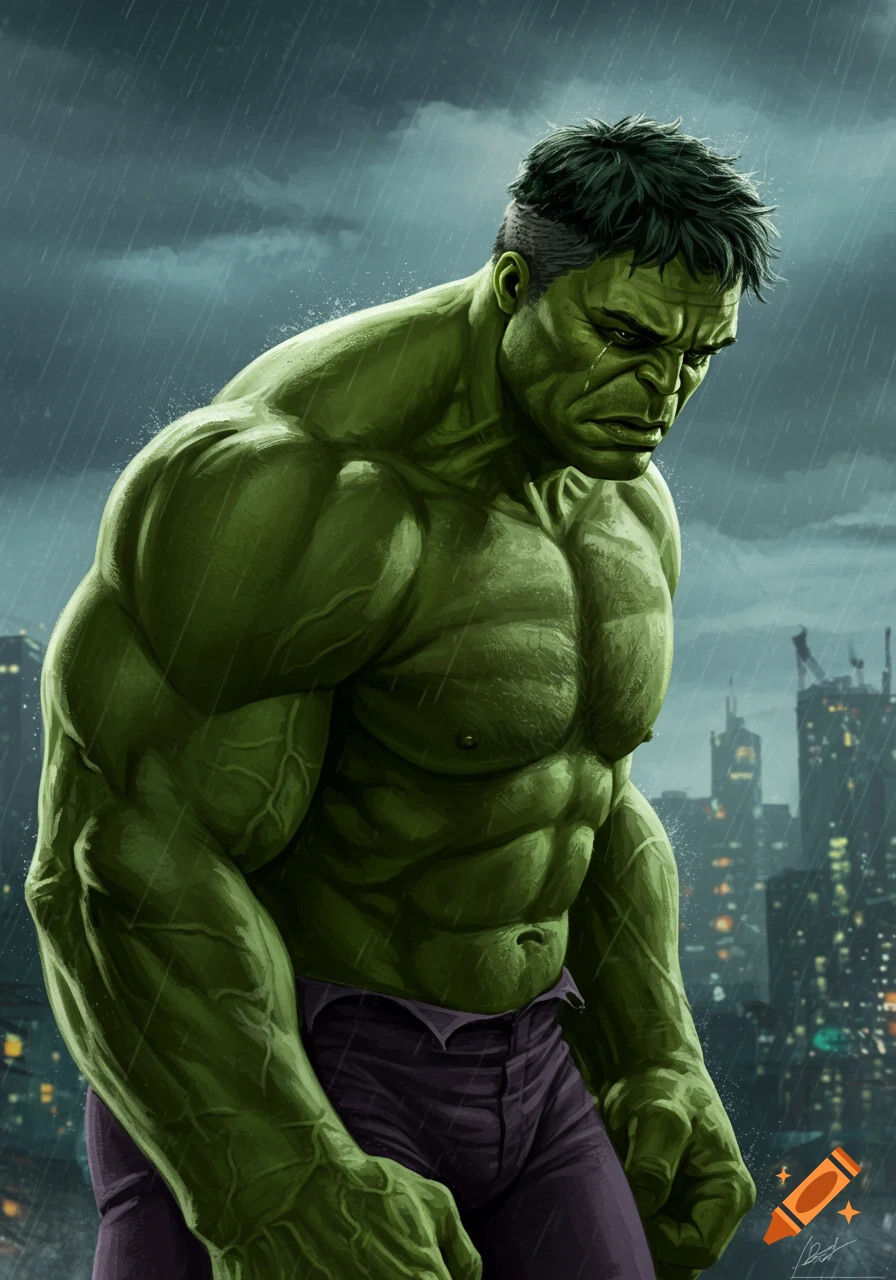 A sad, muscular green Hulk stands in the rain with a city skyline in the background at night, in a detailed digital illustration.