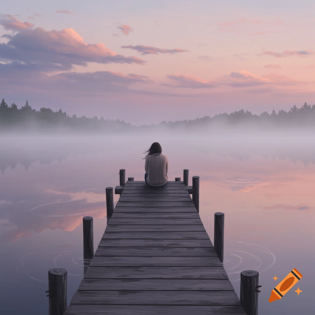 A person sits on a wooden dock looking out over a misty lake at sunset with trees in the distance, in an illustration style.