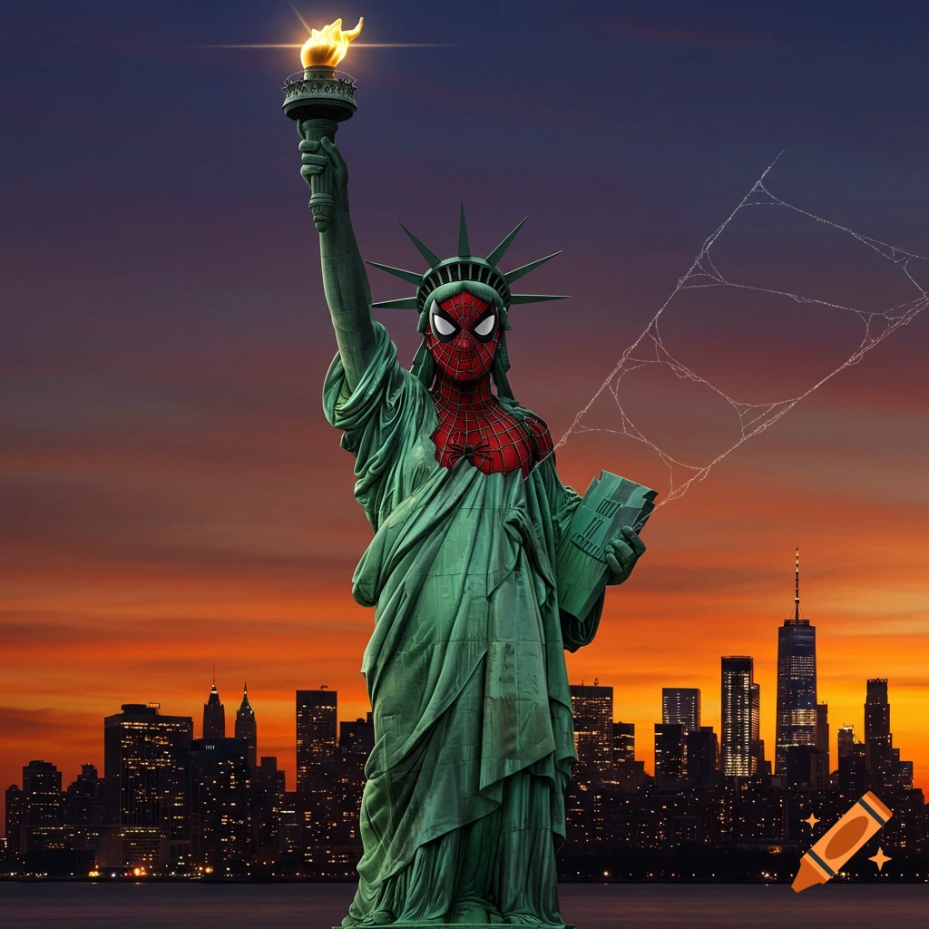 Photorealistic image of the Statue of Liberty with Spider-Man's head and suit, holding her torch against a sunset cityscape.