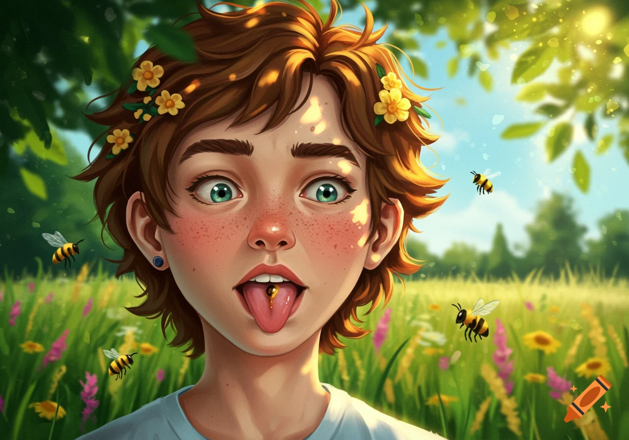 An illustration of a young person with flowers in their hair, tongue out with a bee and honey on it, in a sunny field.