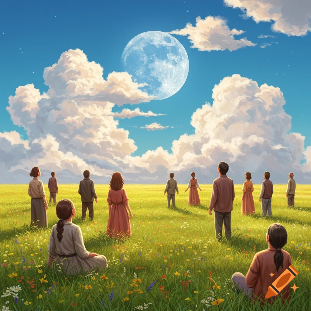 People stand and sit in a vibrant green field filled with flowers, gazing up at a large, bright full moon against a blue sky with fluffy white clouds.