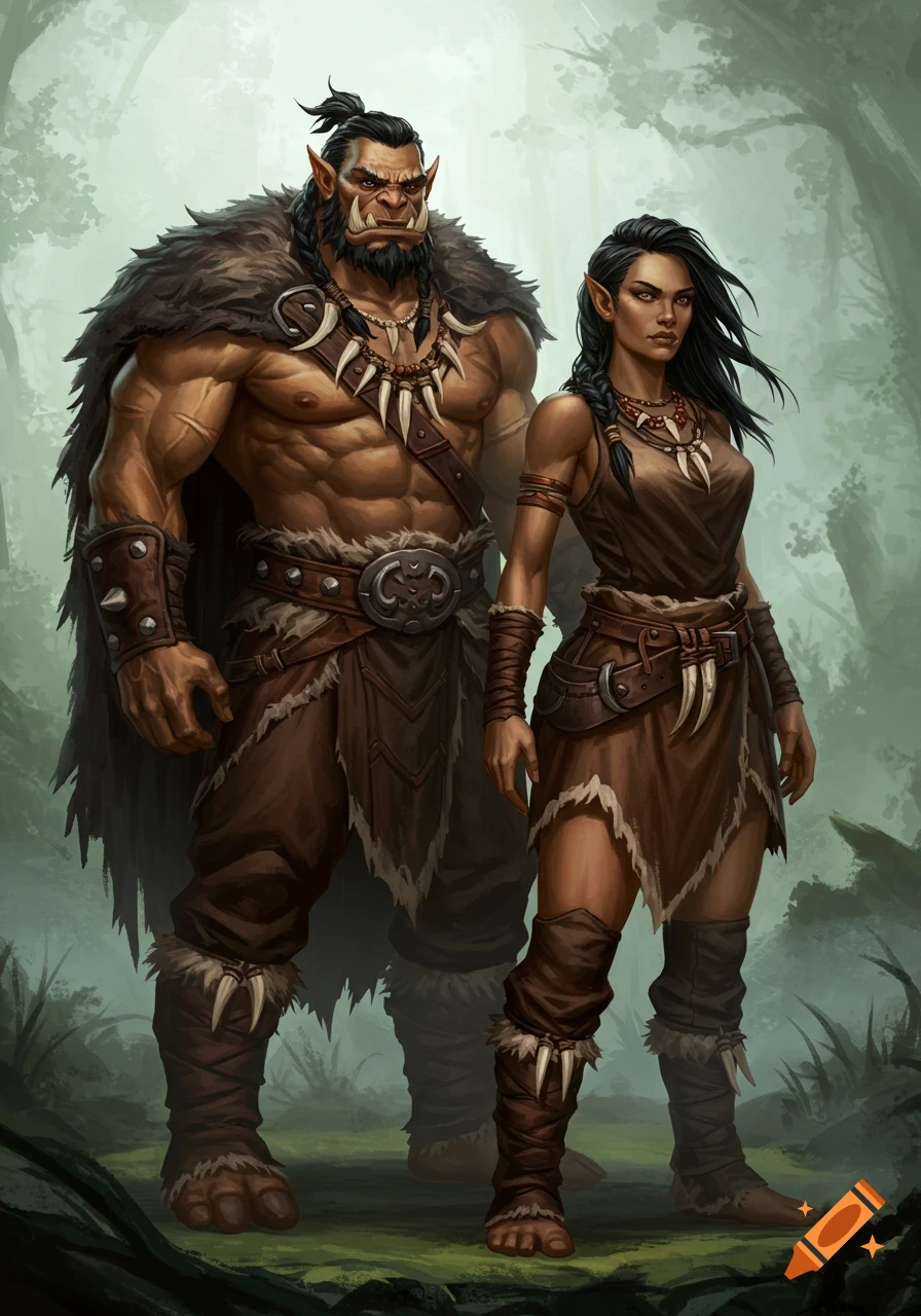 A detailed fantasy illustration of a male and female orc standing in a forest, both wearing tribal attire made of fur and leather.