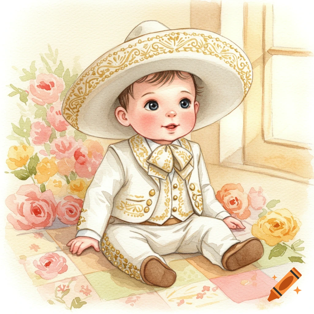 Watercolor illustration of a baby boy in a white and gold charro outfit, sitting among flowers.