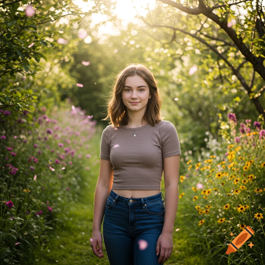 A young woman stands smiling in a sunlit garden path surrounded by colorful flowers and green trees.