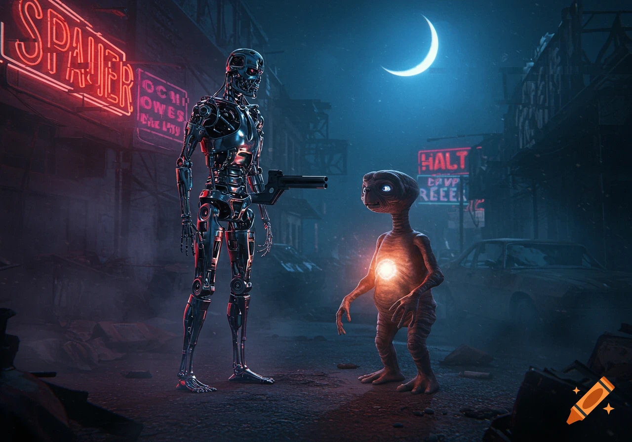 A robotic T-1000 points a gun at ET under a crescent moon in a dark, neon-lit cityscape.
