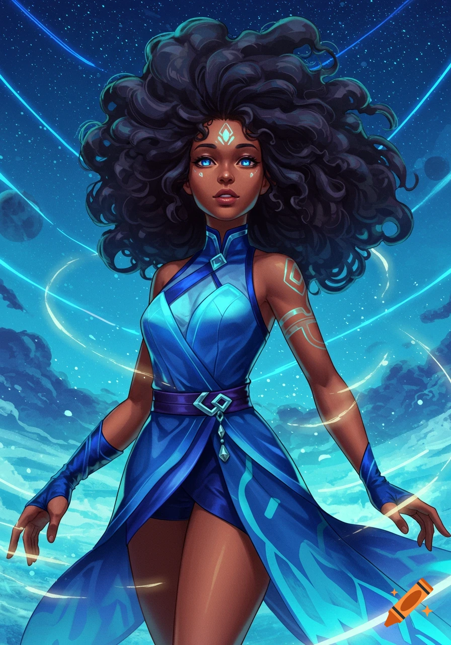 A stylized woman with dark curly hair and blue eyes wears a blue sci-fi dress. She has glowing symbols on her face and arm, standing against a cosmic blue background with planets.