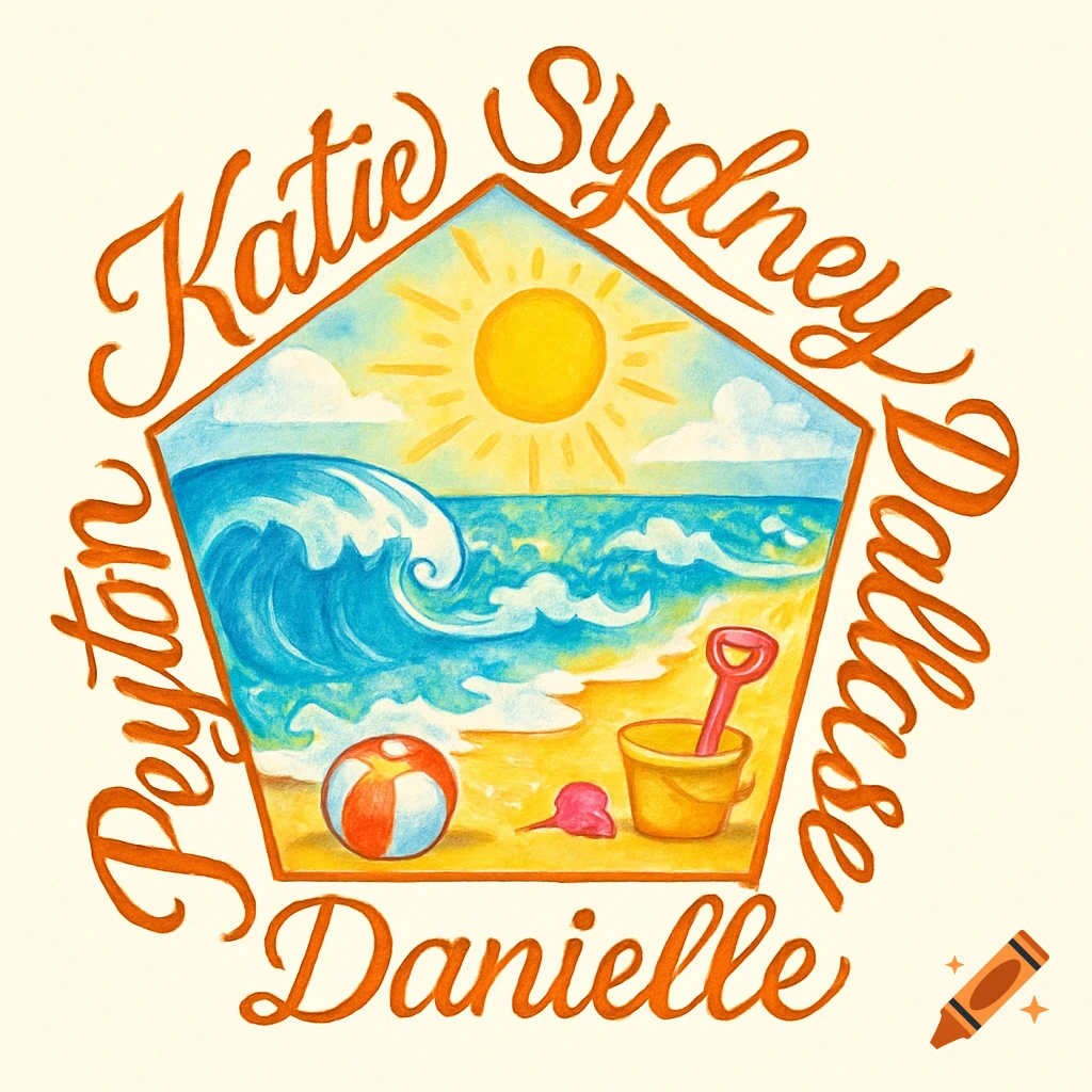 A colorful illustration of a sunny beach scene with ocean waves, sand, a beach ball, and sand toys, all enclosed within a pentagon shape outlined by the names Katie, Sydney, Dallas, Danielle, and Peyton.