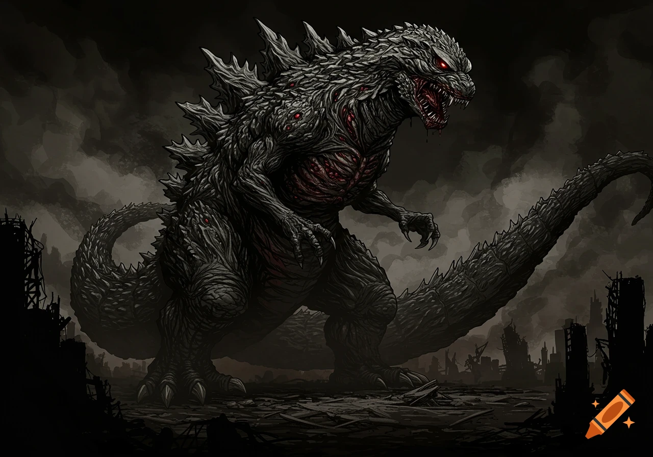 A terrifying Godzilla in the style of Junji Ito, with exposed red flesh and glowing eyes, stands in a ruined city.