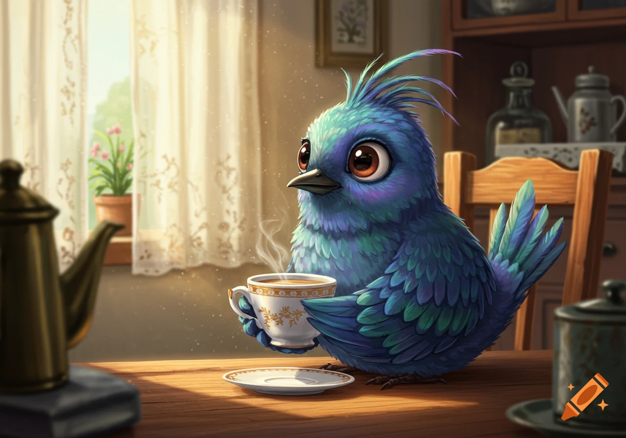 A cartoon blue bird with large eyes holds a steaming teacup at a wooden table in a sunlit room, with a window in the background.