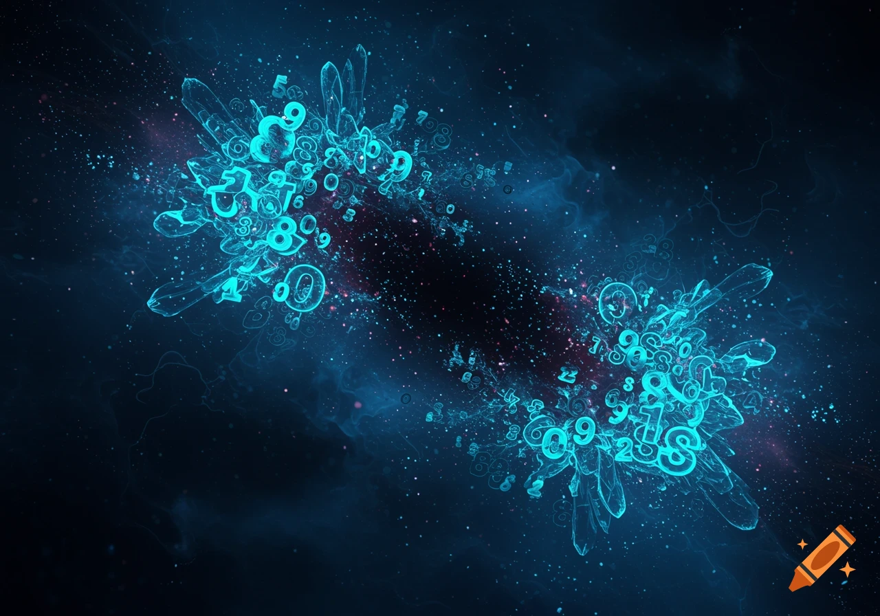 An abstract image showing bright cyan numbers and crystalline shapes scattering in a dark, starry void.