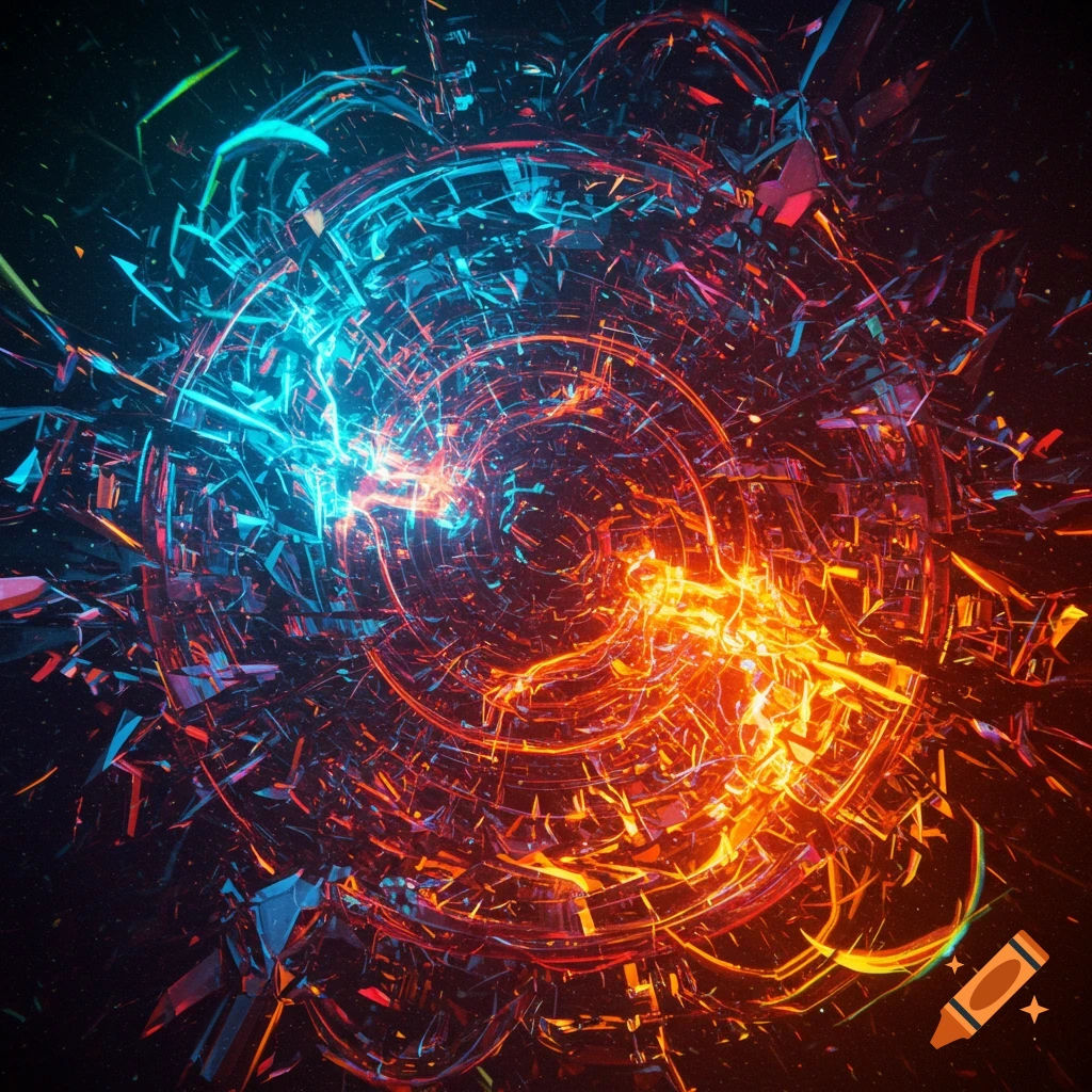 An abstract image featuring a circular vortex of glowing blue and orange light and fractured geometric shards against a dark background.