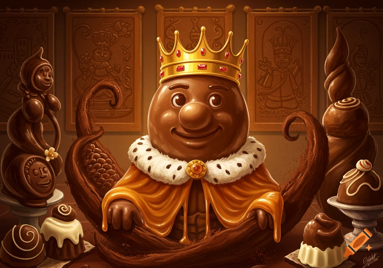A cartoon chocolate king with a golden crown and regal cape sits surrounded by chocolate treats and sculptures.