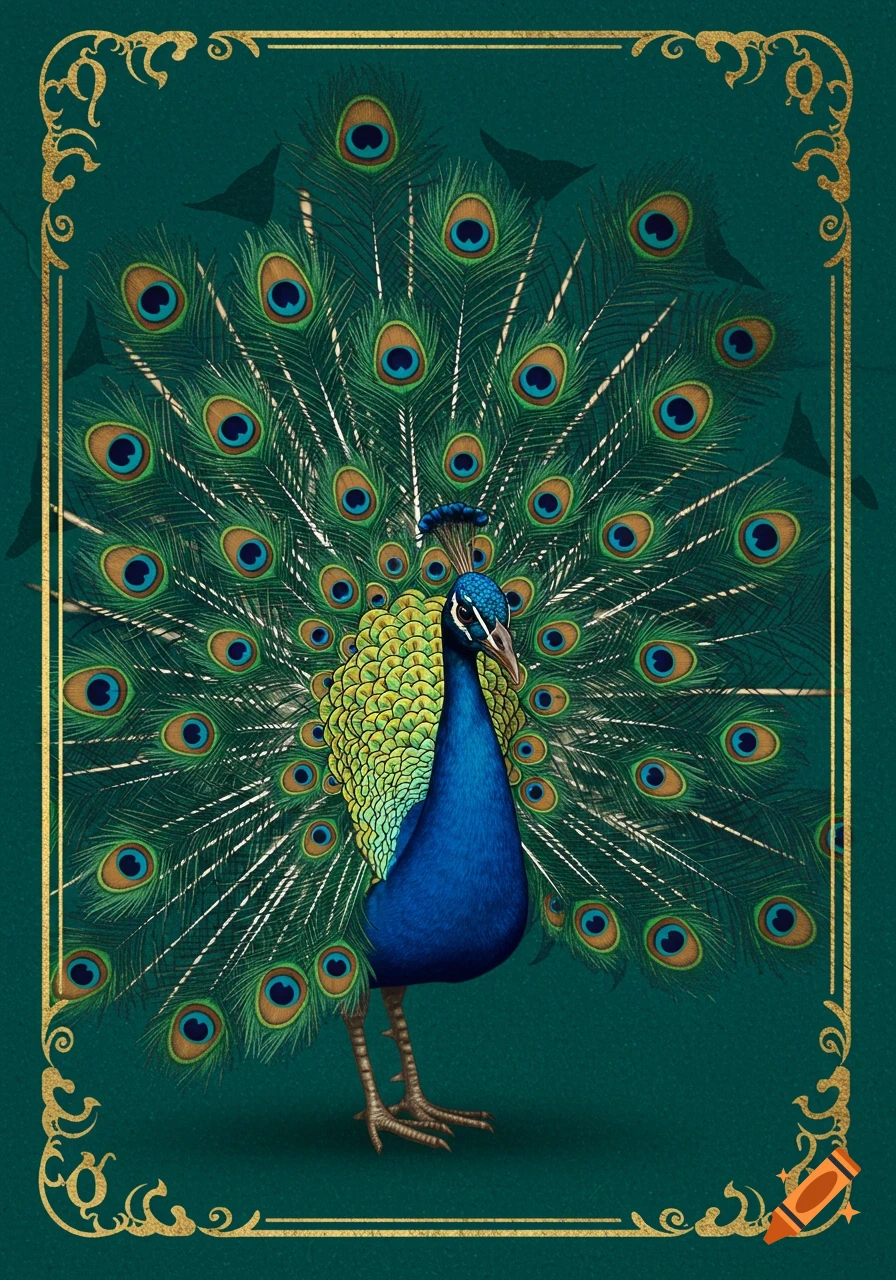 An ornate illustration of a vibrant blue and green peacock displaying its tail feathers, framed by a golden border on a dark green background.