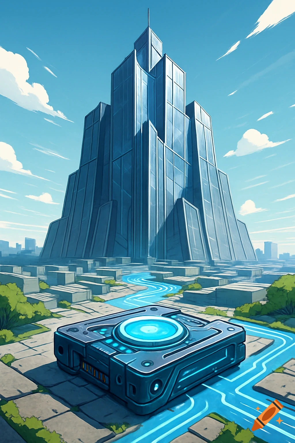 A towering futuristic skyscraper overlooks a city, with a large glowing blue tech device on a patterned ground with blue light trails.