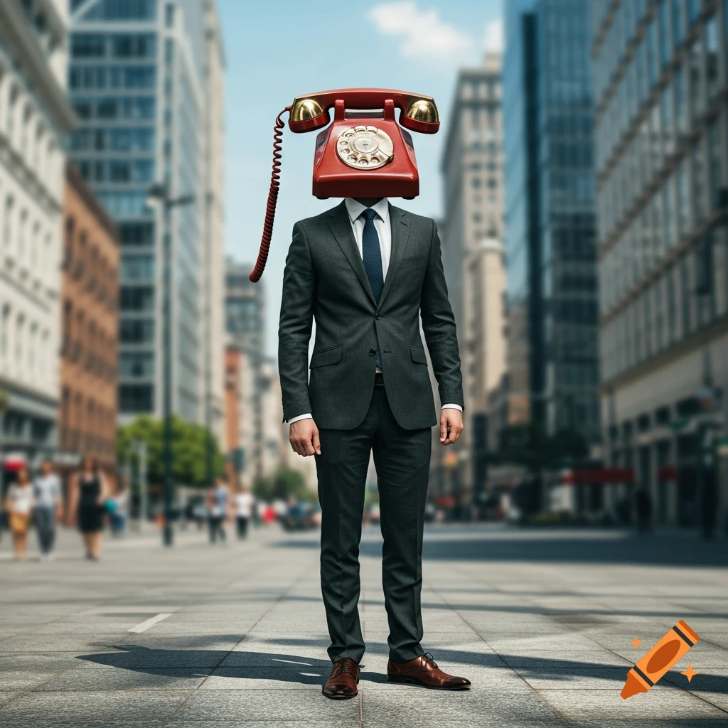 A business man with a red rotary telephone for a head stands on a city street.