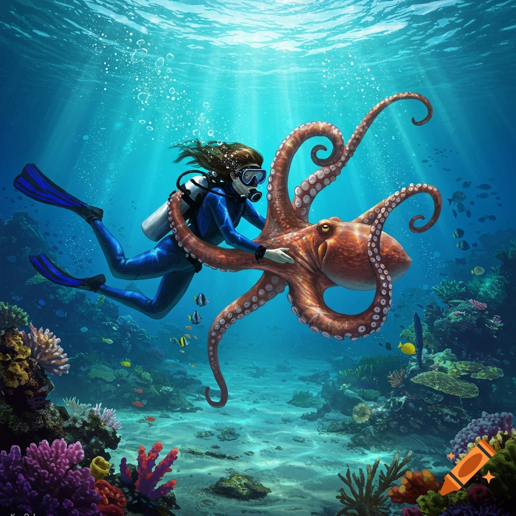 A scuba diver embraces a large octopus underwater, surrounded by colorful coral reefs and fish in a vibrant illustration.