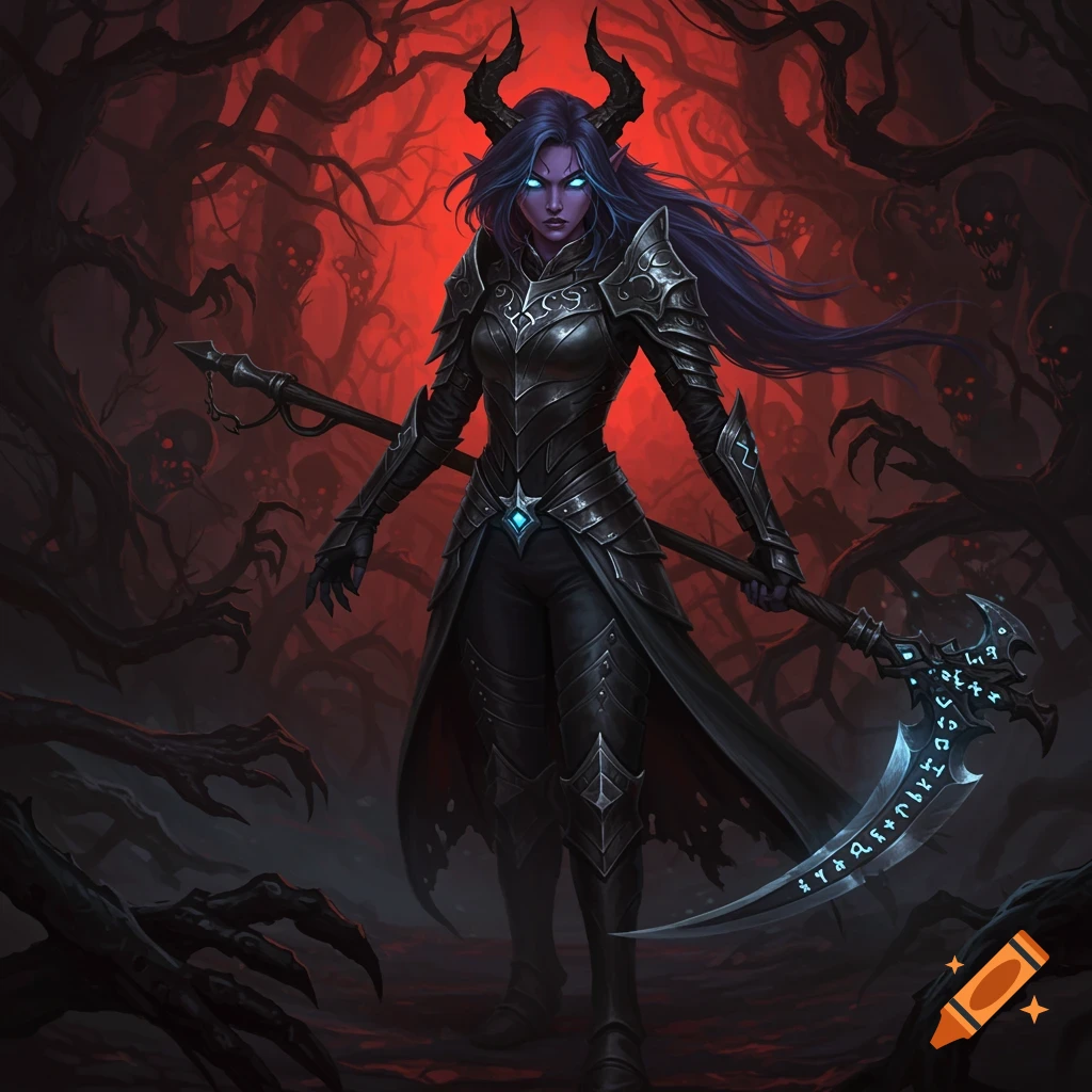 A purple-skinned female demon hunter in black armor with horns holds a glowing scythe in a dark, red-lit forest with shadowy figures.