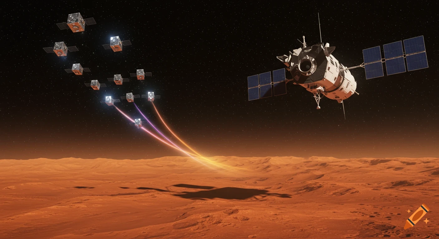 A photorealistic image of a large spacecraft deploying multiple cubesats over the orange, rocky surface of Mars.