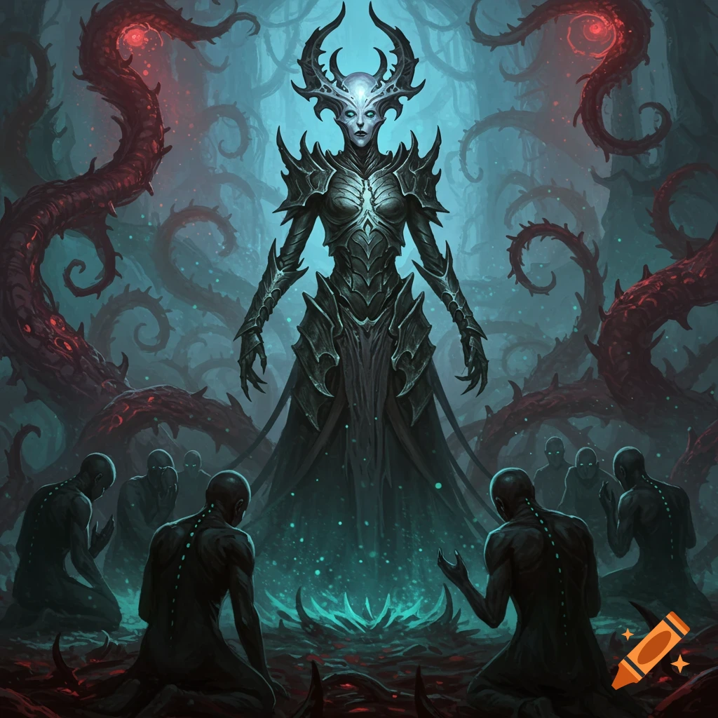 A dark fantasy illustration of a horned queen in ornate armor, standing over kneeling figures in a shadowy, tentacled forest.