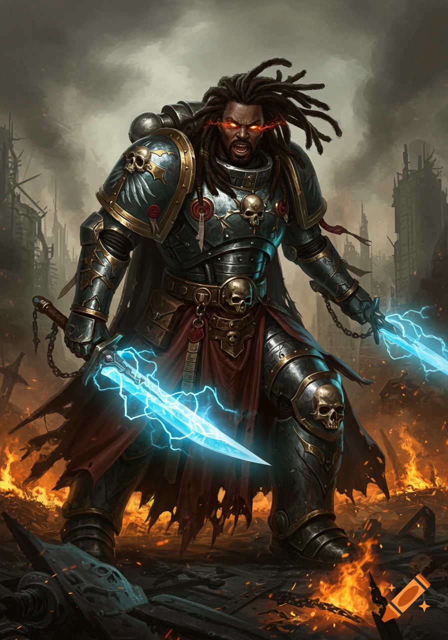 A dark-skinned man with dreadlocks in ornate power armor stands in a fiery, ruined city, wielding two glowing blue power swords.