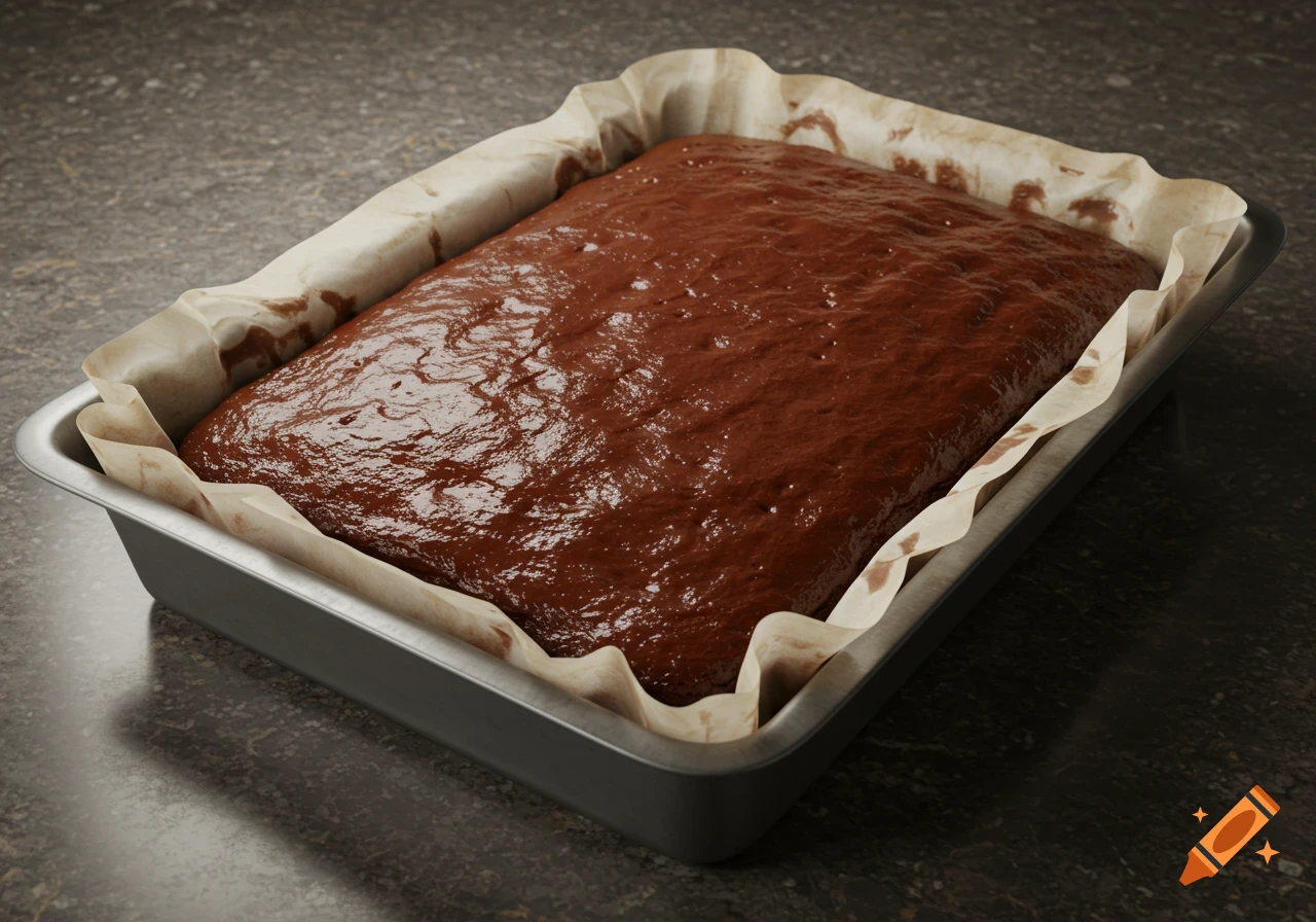 A photorealistic image of chocolate brownie batter in a baking pan lined with parchment paper, on a dark countertop.