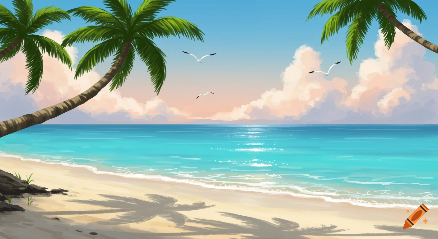 Cartoon beach scene with palm trees, blue ocean, white waves, and seagulls under a blue sky with pink clouds.