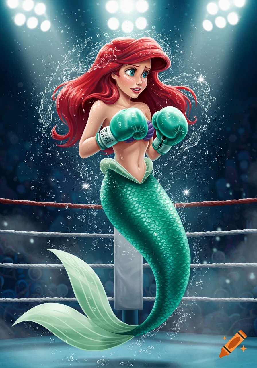 Cartoon illustration of Ariel the Little Mermaid wearing teal boxing gloves, standing in a boxing ring with water splashing.