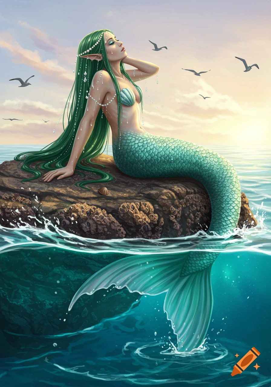 A vibrant digital painting of a green-haired mermaid with a turquoise tail sitting on a rock in the ocean at sunrise, with birds flying above.