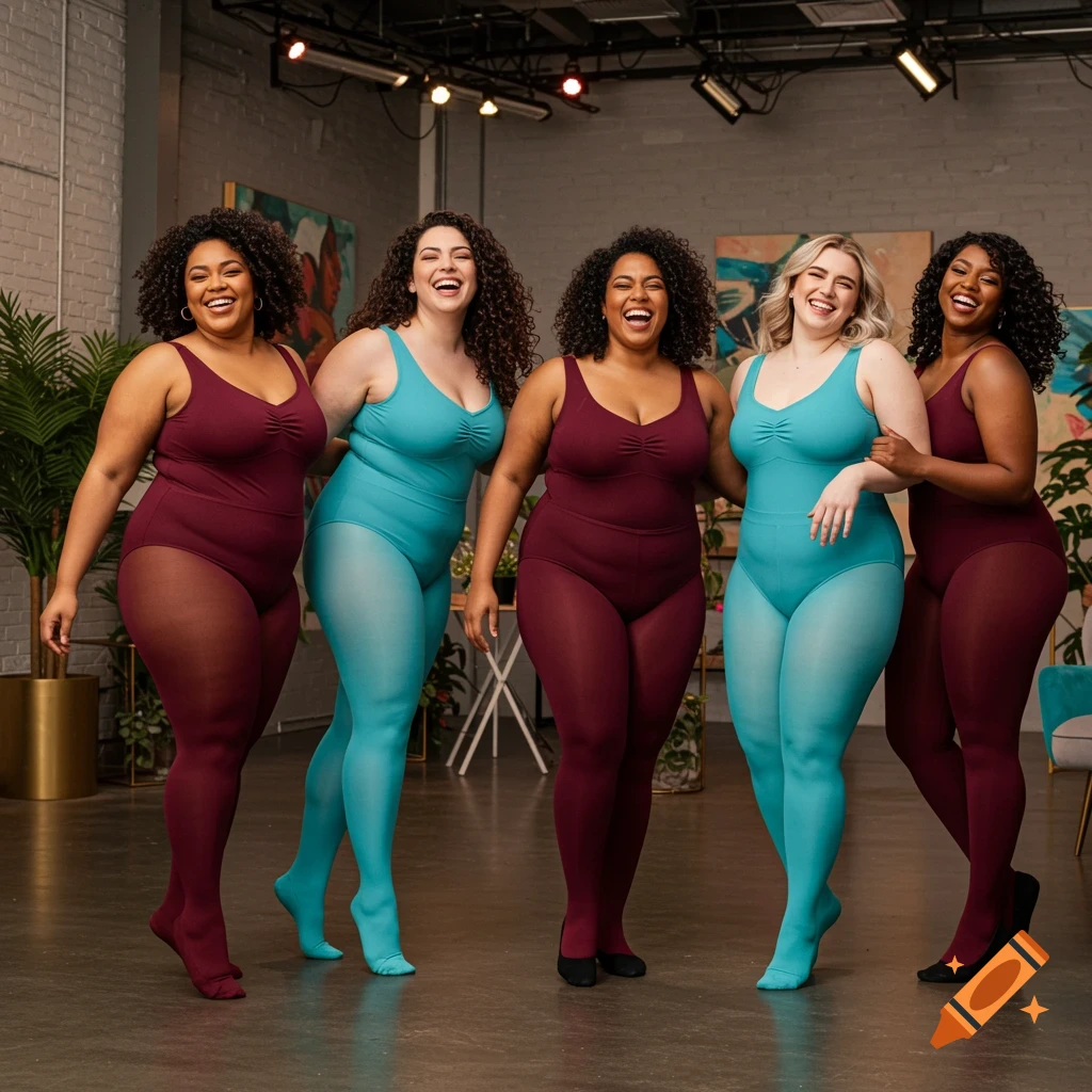 Five diverse plus-size women in burgundy and teal leotards and tights posing playfully in a studio.