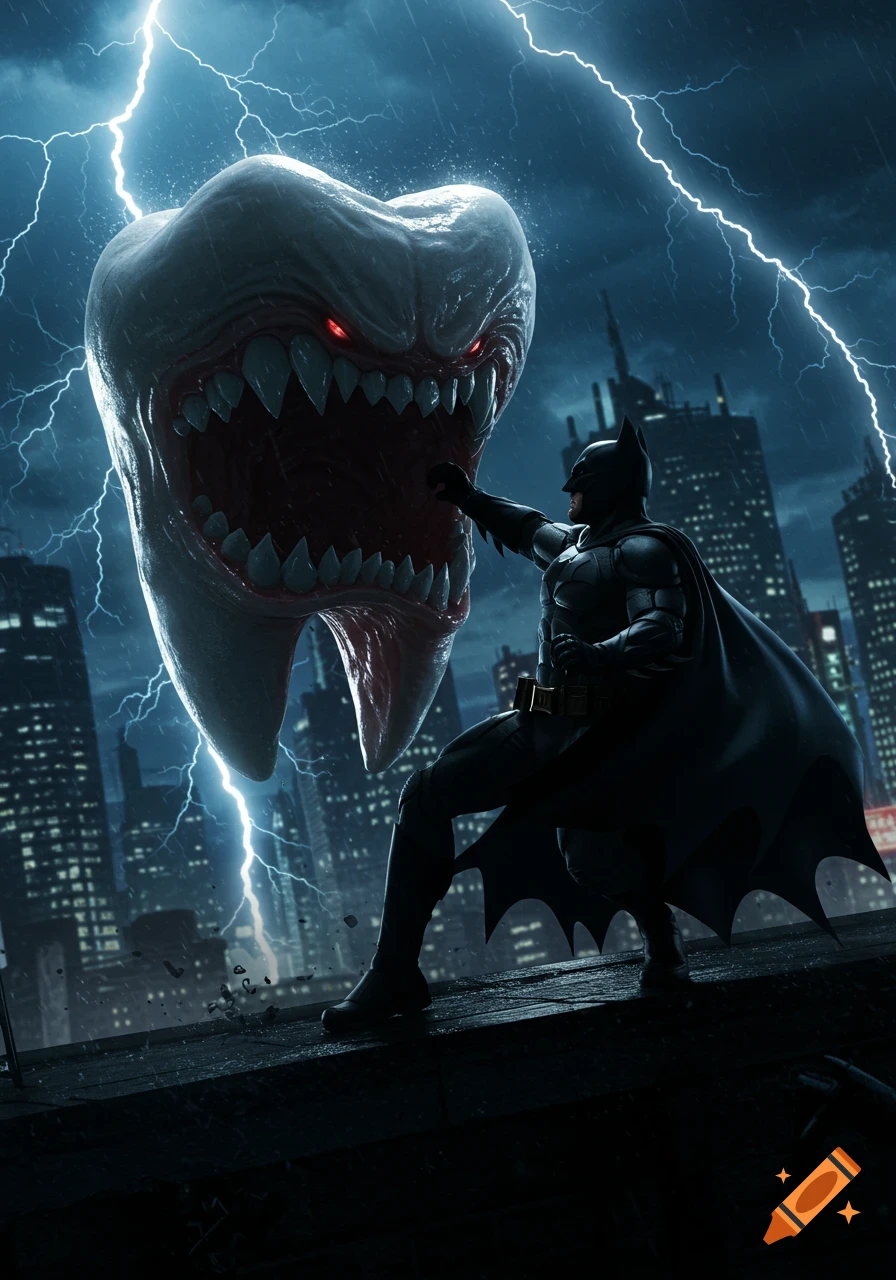 Batman fights a giant, monstrous tooth creature in a dark, stormy city under lightning.