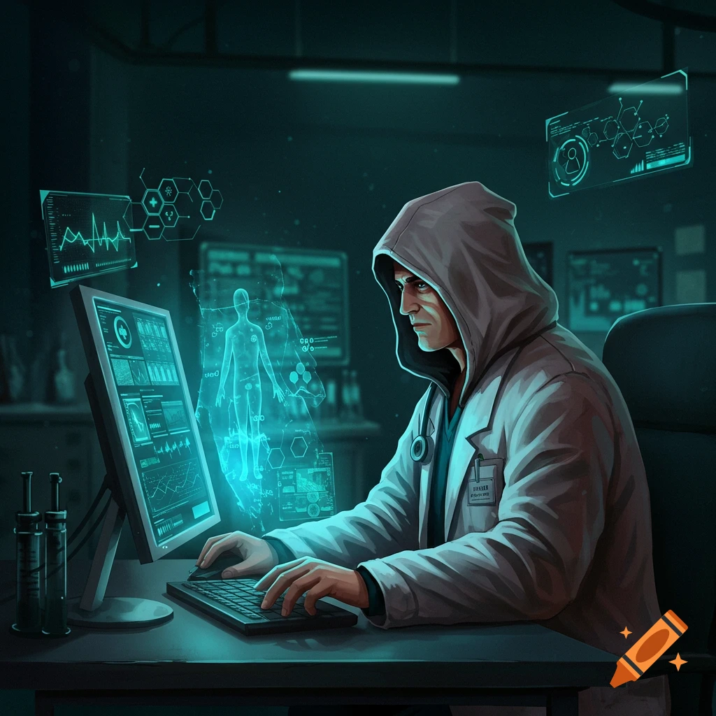 A cartoon doctor in a hood and lab coat uses a computer with glowing holographic medical data in a dark lab.