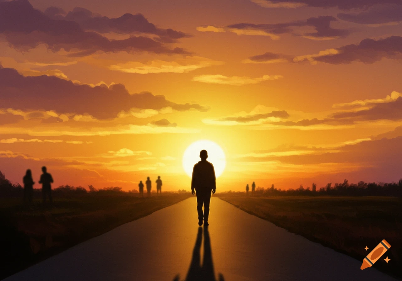 A person walks alone on a quiet road towards a bright orange sunset, casting a long shadow.