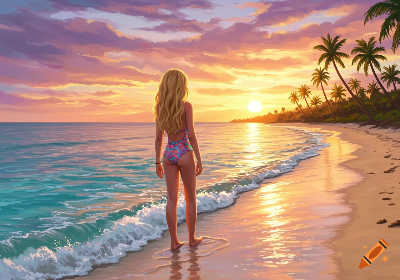 Blonde girl in a swimsuit stands on a beach facing a vibrant sunset, with palm trees lining the shore in a digital painting.