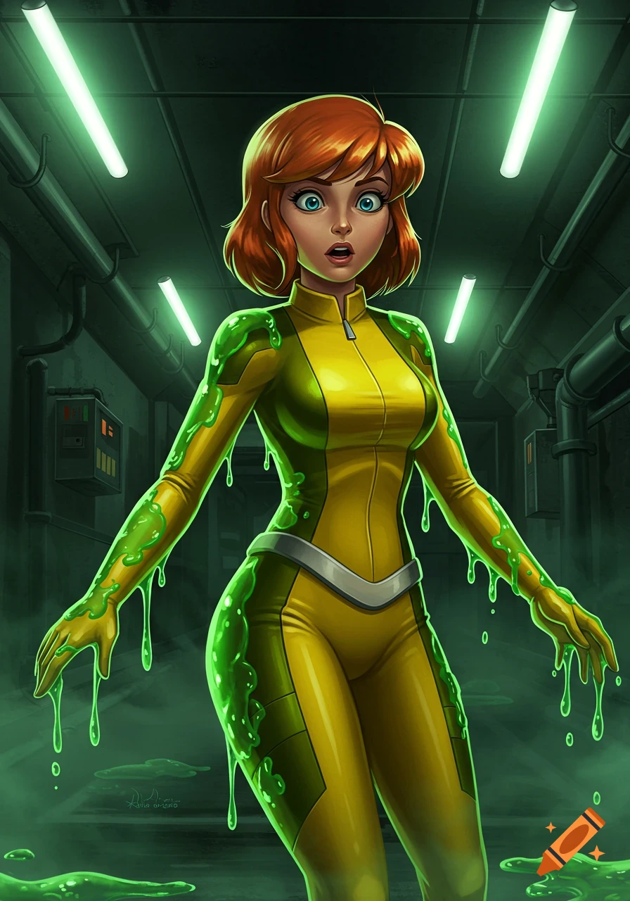 April O'Neil in a yellow jumpsuit covered in green slime, standing in a dark, green-lit sci-fi lab.