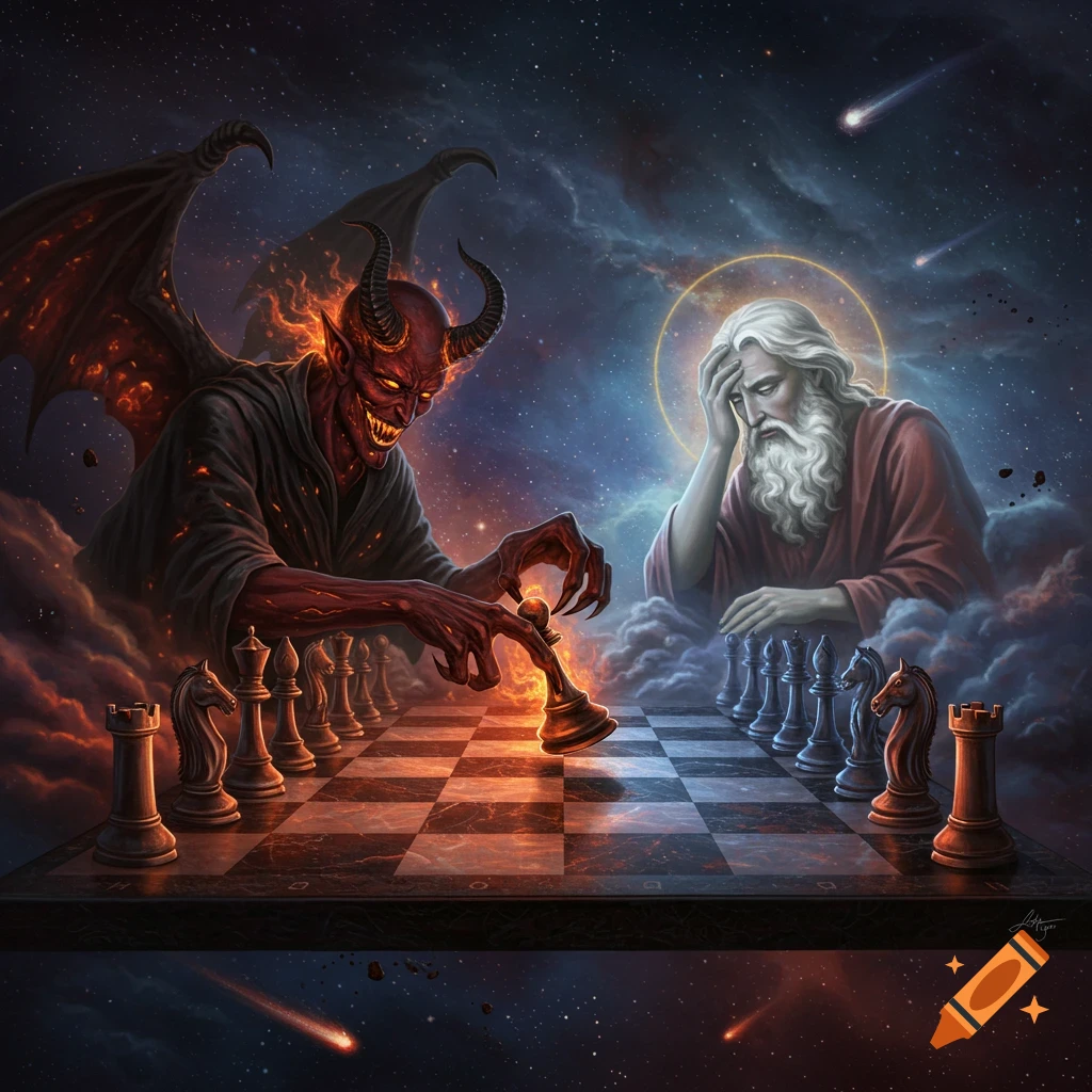 A red-skinned demon plays chess with a frustrated, white-bearded God amidst a starry cosmic sky.