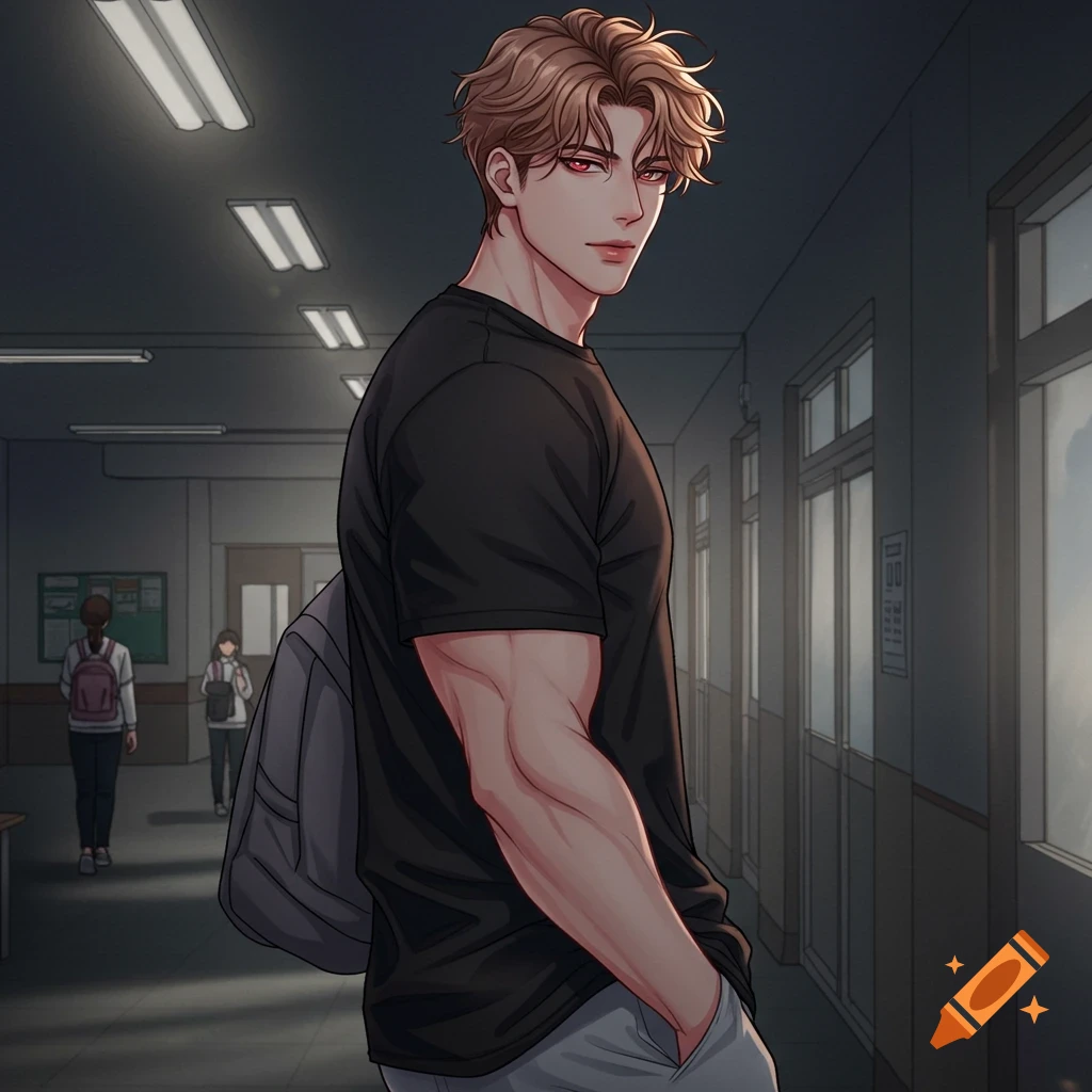 A muscular man with light brown hair and red eyes walks in a dimly lit school hallway, looking back over his shoulder. Manhwa style.