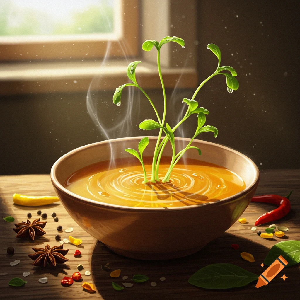 A photorealistic image of a steaming bowl of orange soup with green sprouts growing from it, surrounded by spices on a wooden table, lit by sunlight.