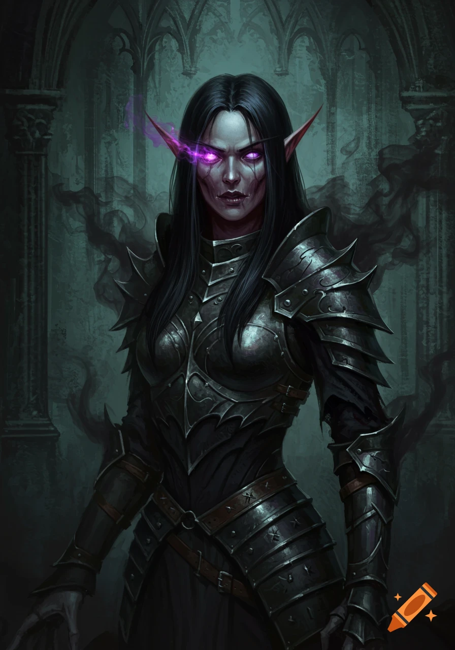 A dark fantasy oil painting portrait of an undead elven woman in ornate gothic armor, with glowing purple eyes, against a cathedral background.
